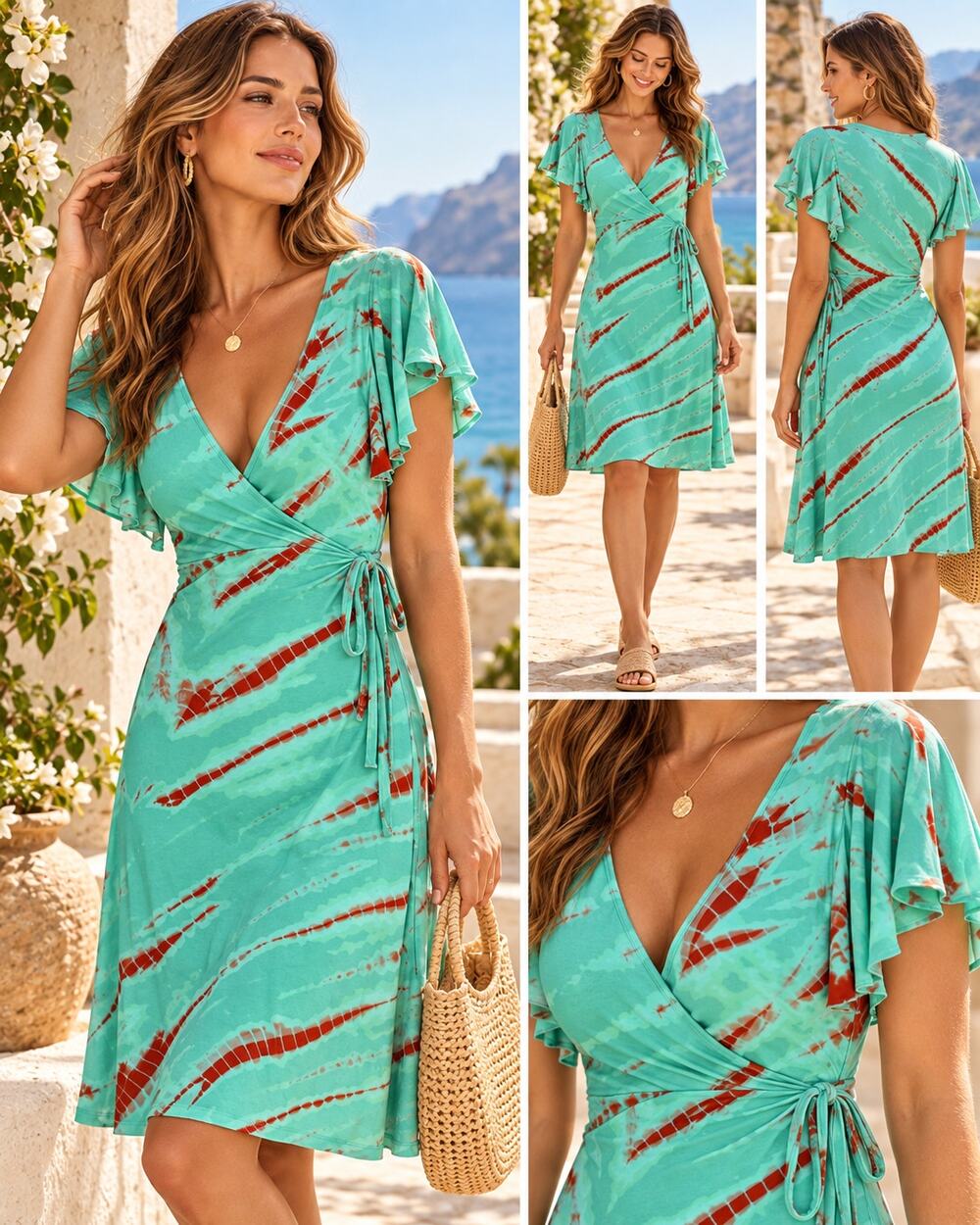 Fighting Eel Dress M Aqua Rust Tie Dye Wrap Flutter Sleeve Made USA Boho
